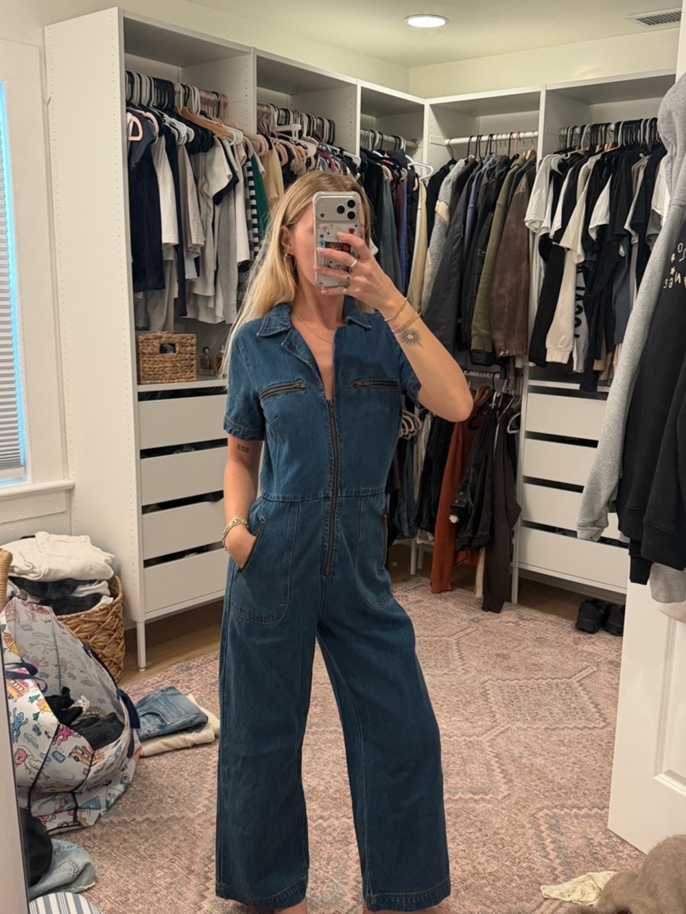 Women’s Dark Blue Denim Jumpsuit - Casual Wide Leg Jeans